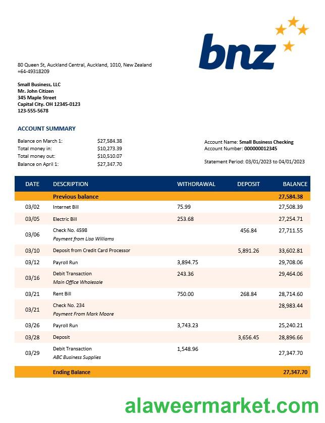 BNZ Bank organization account statement Word and PDF template